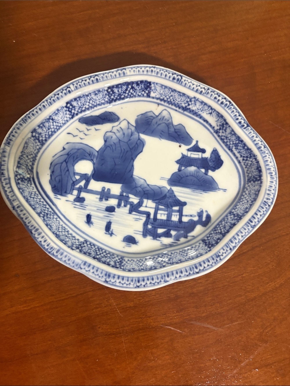 Blue and White Asian Scenic Ceramic Dish
